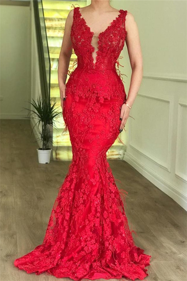 Sexy Red Mermaid Sleeveless Lace Appliques Evenging Dresses-newarrivaldress