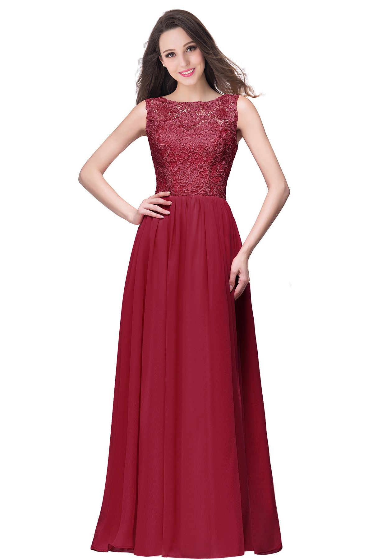 ELYSE | A-line Sleeveless Crew Floor-length Lace Top Chiffon Prom Dresses-newarrivaldress
