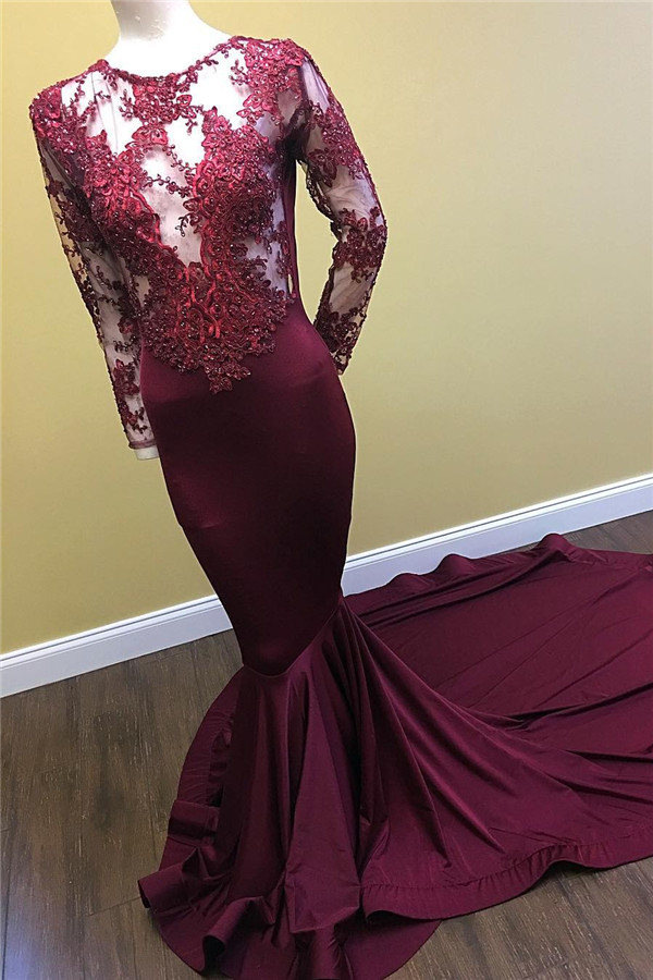 Mermaid Long Sleeve Long Prom Dresses on Mannequins | Sheer Tulle Appliques Formal Dresses-newarrivaldress