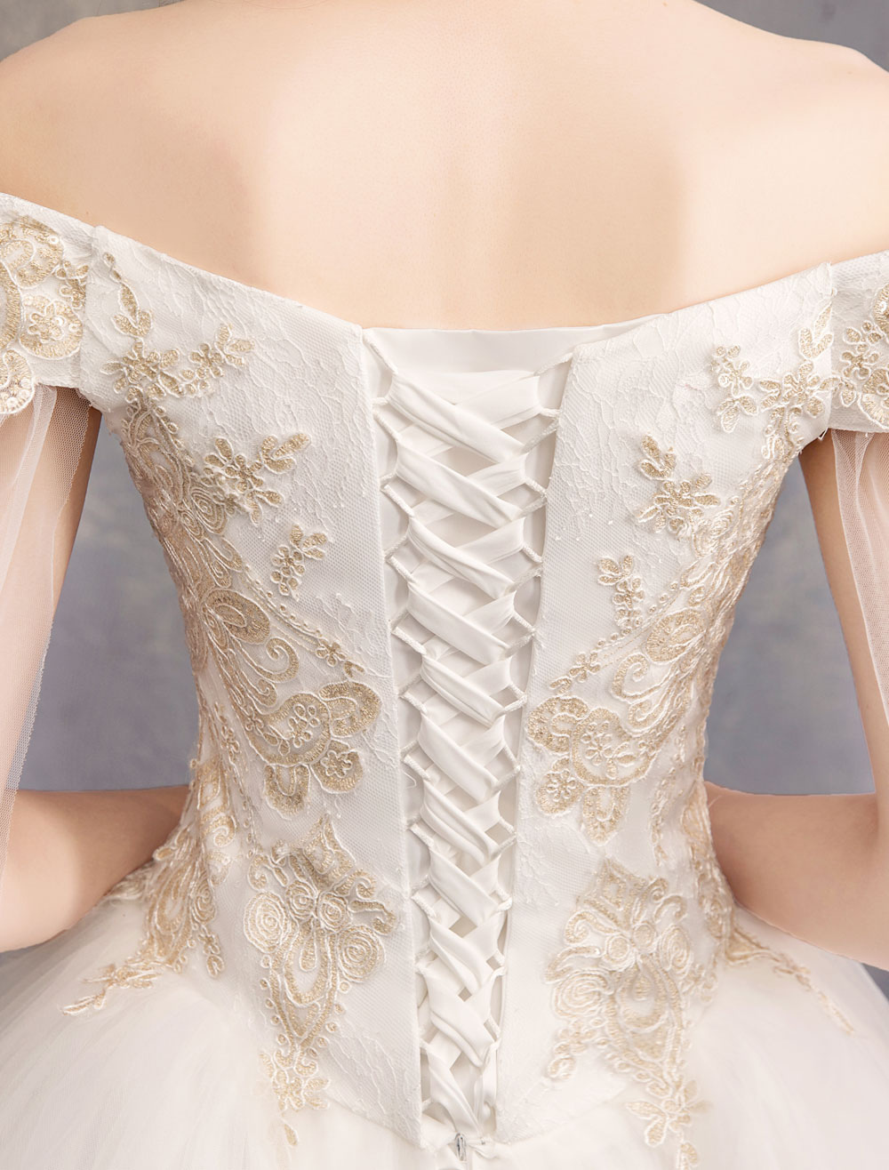 Wedding Dresses Tulle Off-The-Shoulder Short Sleeve Lace Applique Princess Bridal Gown