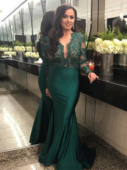 Elegant Long Sleeve LaceProm Dress Mermaid Green Women's Party Dress-newarrivaldress