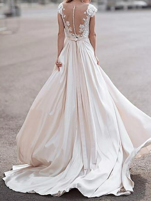 Elegant Cap Sleeves Deep V-Neck ALine Satin Wedding Party Dress-newarrivaldress