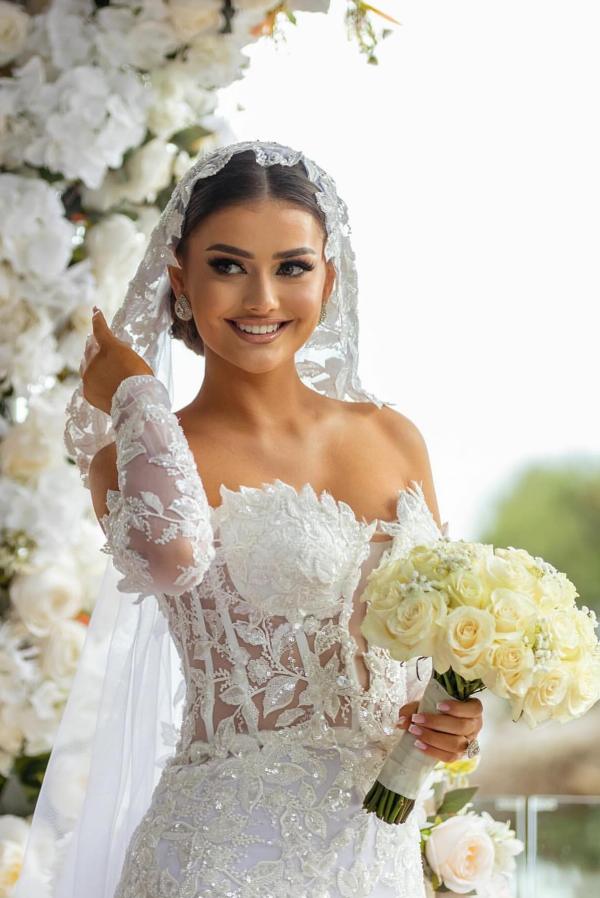 Gorgeous Sweetheart FLoral Lace Sequins Mermaid Bridal Gown with Sleeves Appliques Wedding Dress with Sweep Train-newarrivaldress