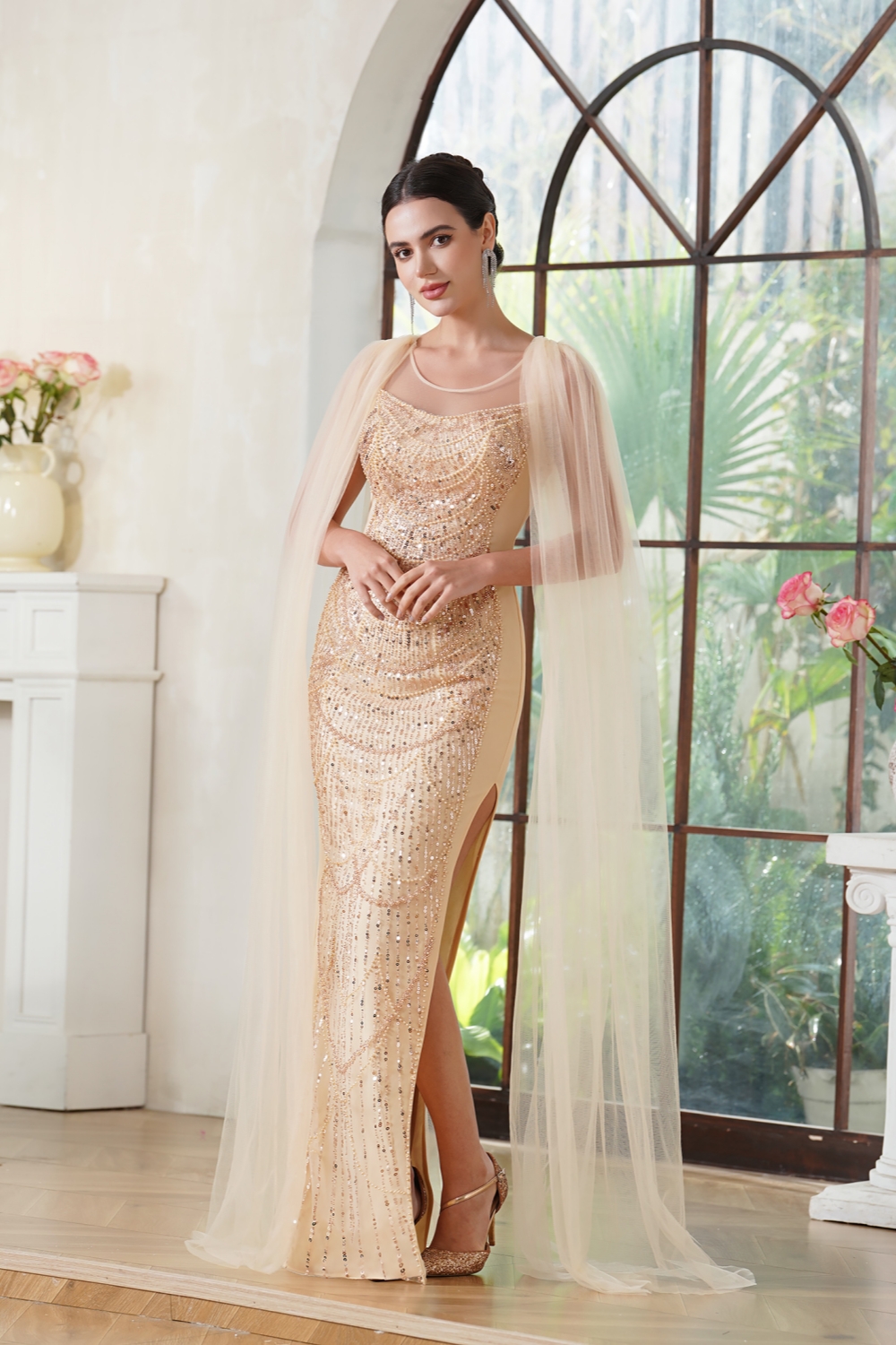 Champagne Tulle Trumpet Prom Dress with Cape Scoop Neck Beadings Long Evening Dress with Side Split-newarrivaldress