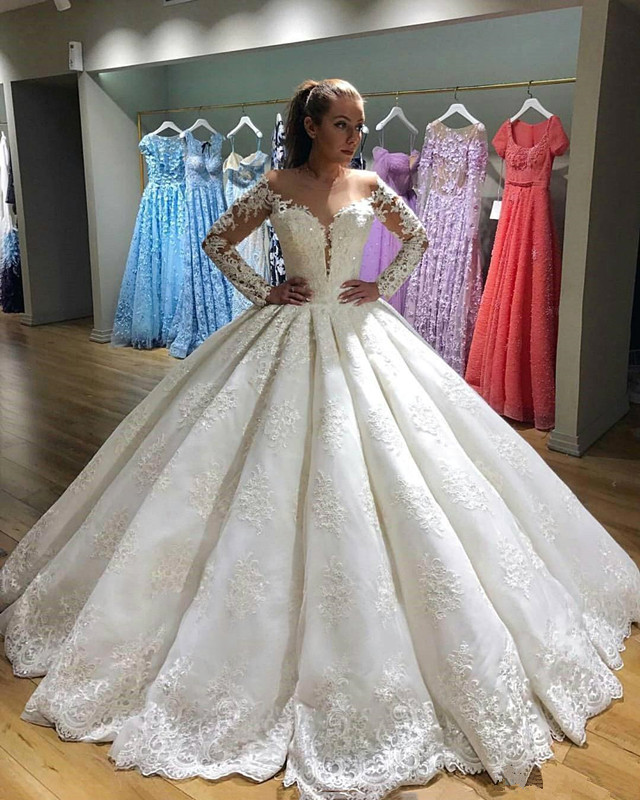 Elegant Long Sleeves Appliques Wedding Dresses | Puffy Sheer Bridal Ball Gown-newarrivaldress