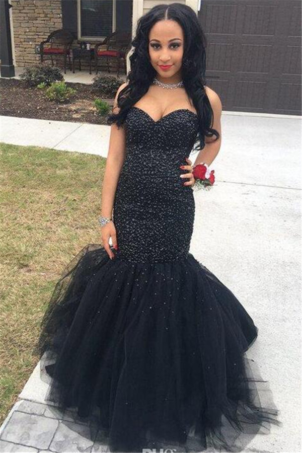 Dress Tulle Mermaid Beading Sexy Prom Black Sleeveless Evening Gown-newarrivaldress