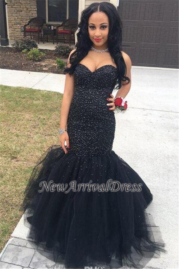 Dress Tulle Mermaid Beading Sexy Prom Black Sleeveless Evening Gown-newarrivaldress