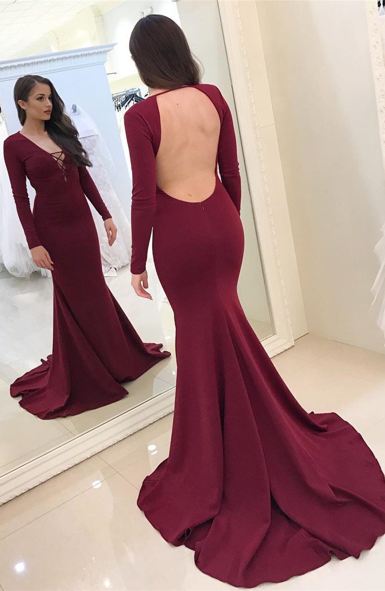 Modest Long Sleeve Burgundy Backless V-neck Mermaid Prom Dress-newarrivaldress