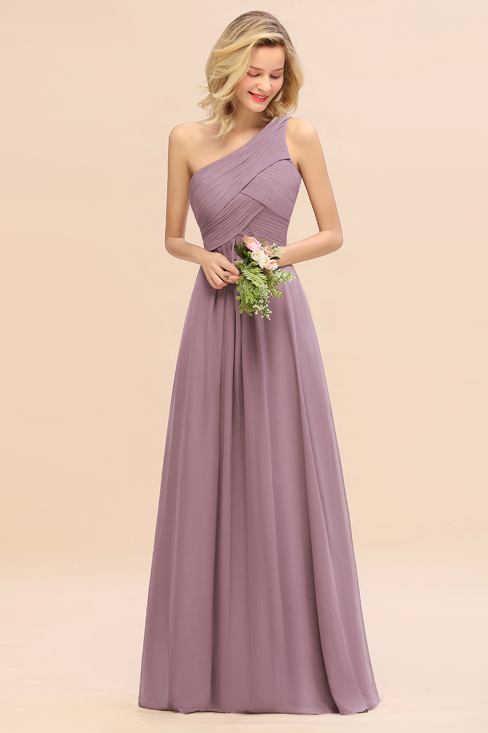 Elegant Ruched Chiffon One Shoulder Bridesmaid Dress Long Sleeveless Evening Dress-newarrivaldress