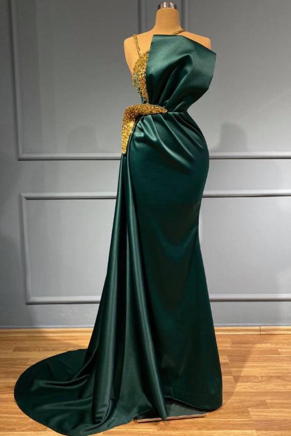 Charming Dark Green Satin Mermaid Evening Dress Gold Embellishment-newarrivaldress