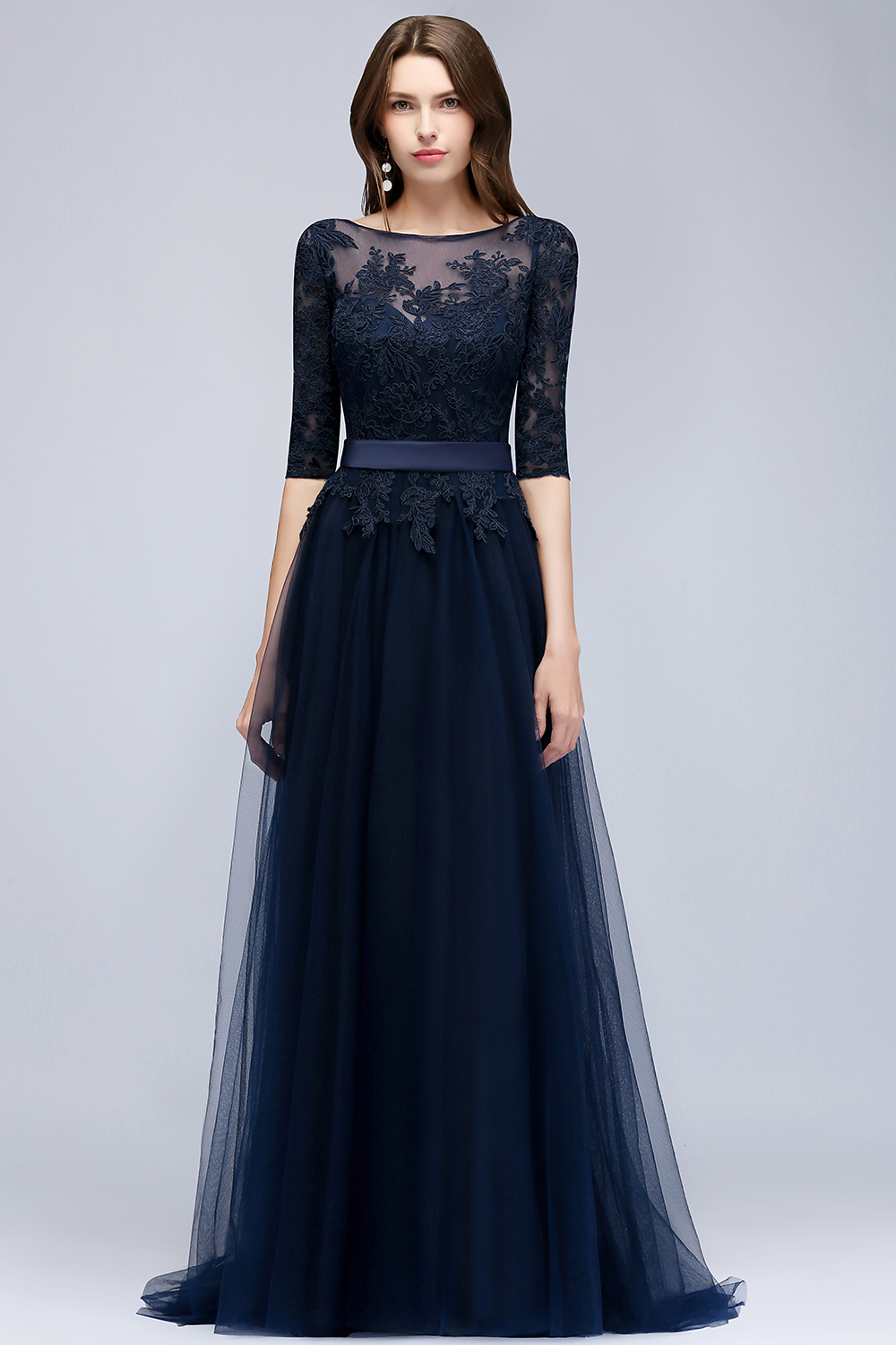 NANA | A-line Half Sleeves Floor Length Slit Appliqued Tulle Prom Dresses with Sash-newarrivaldress