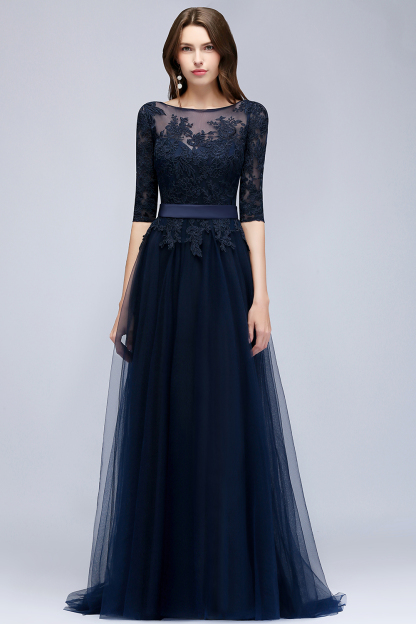NANA | A-line Half Sleeves Floor Length Slit Appliqued Tulle Prom Dresses with Sash-newarrivaldress