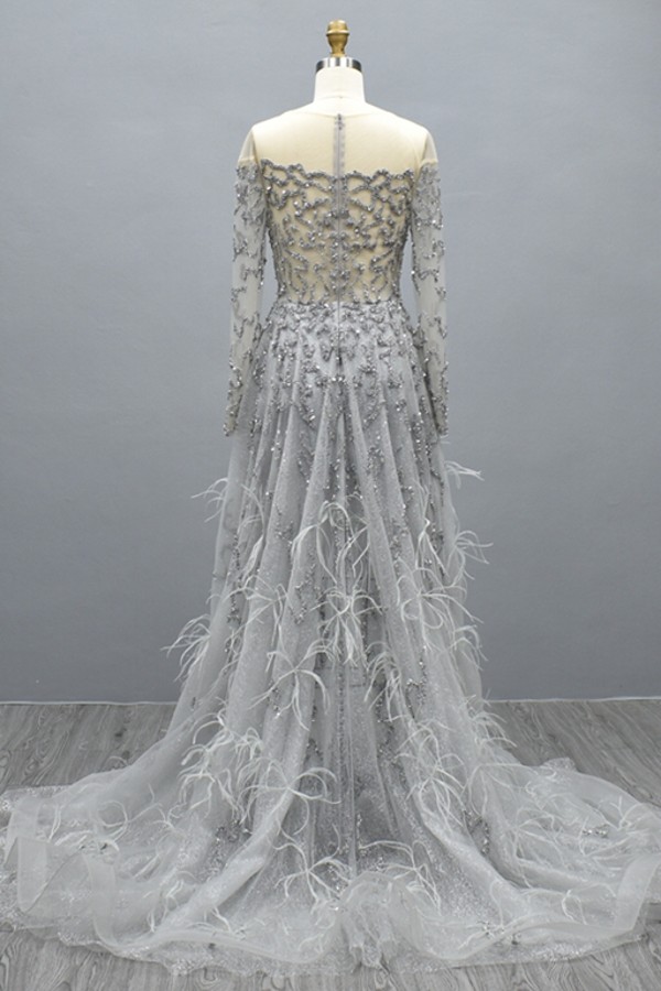 Gorgeous Long Sleeves Crystals Jewel Tulle Hi-Lo Evening Dress with Fur-newarrivaldress