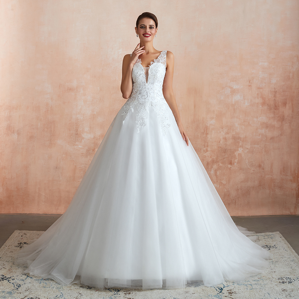 White Floral Lace Wedding Dress V-NeckTulle Aline Bridal Dress-newarrivaldress
