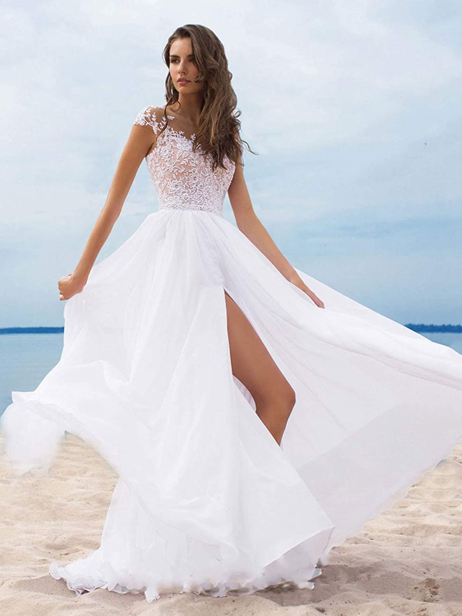 Boho Wedding Dresses 2021 Chiffon V Neck Short Sleeves A Line Split Front Bridal Dresses For Beach Wedding-newarrivaldress