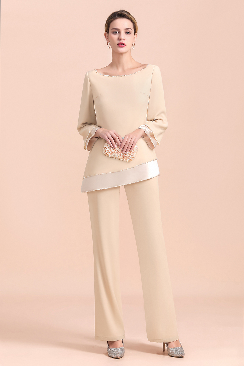 Chic Round-Neck Champagne Chiffon Mother of Bride Jumpsuit-newarrivaldress