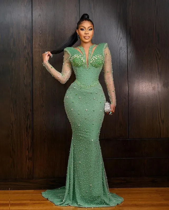 Shinning Applique Long Sleeves Green Mermaid Floor Length Prom Dress