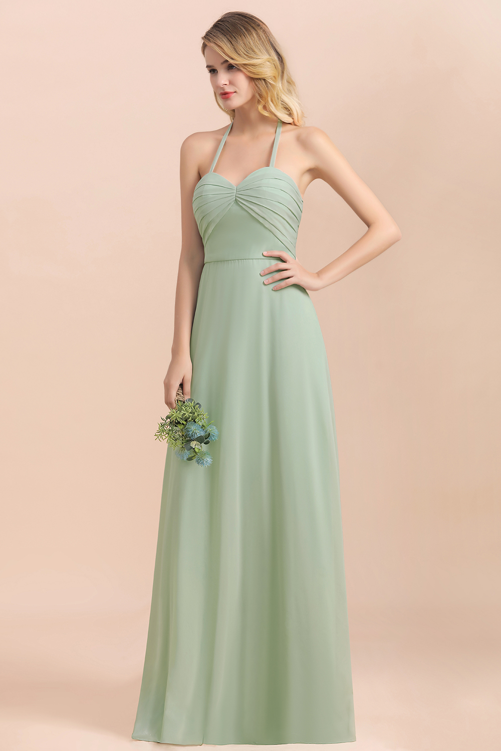 Halter Dusty Sage Sweetheart Chiffon Bridesmaid Dresses Long Wedding Guest Dress-newarrivaldress