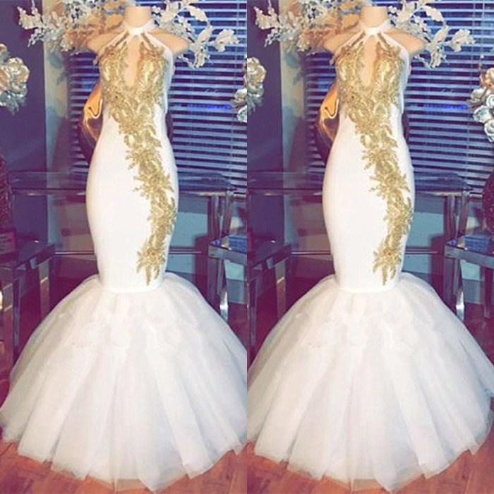 White Mermaid Prom Dresses |Halter Evening Gowns With Gold Appliques BA8790-newarrivaldress