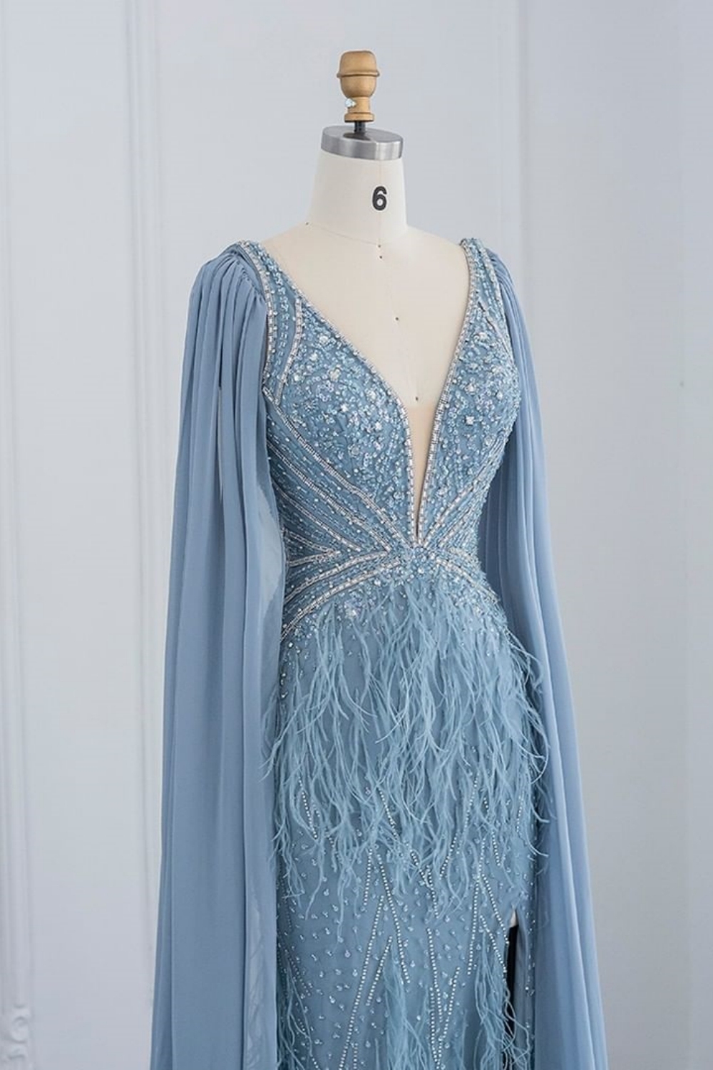Charming Sky Blue Deep V-neck Fur Mermaid Front Slit Evening Dress with Cape-newarrivaldress