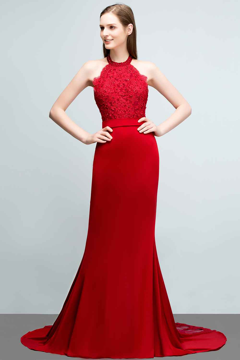 JOY | Mermaid Halter Floor Length Appliqued Beads Red Prom Dresses with Sash-newarrivaldress