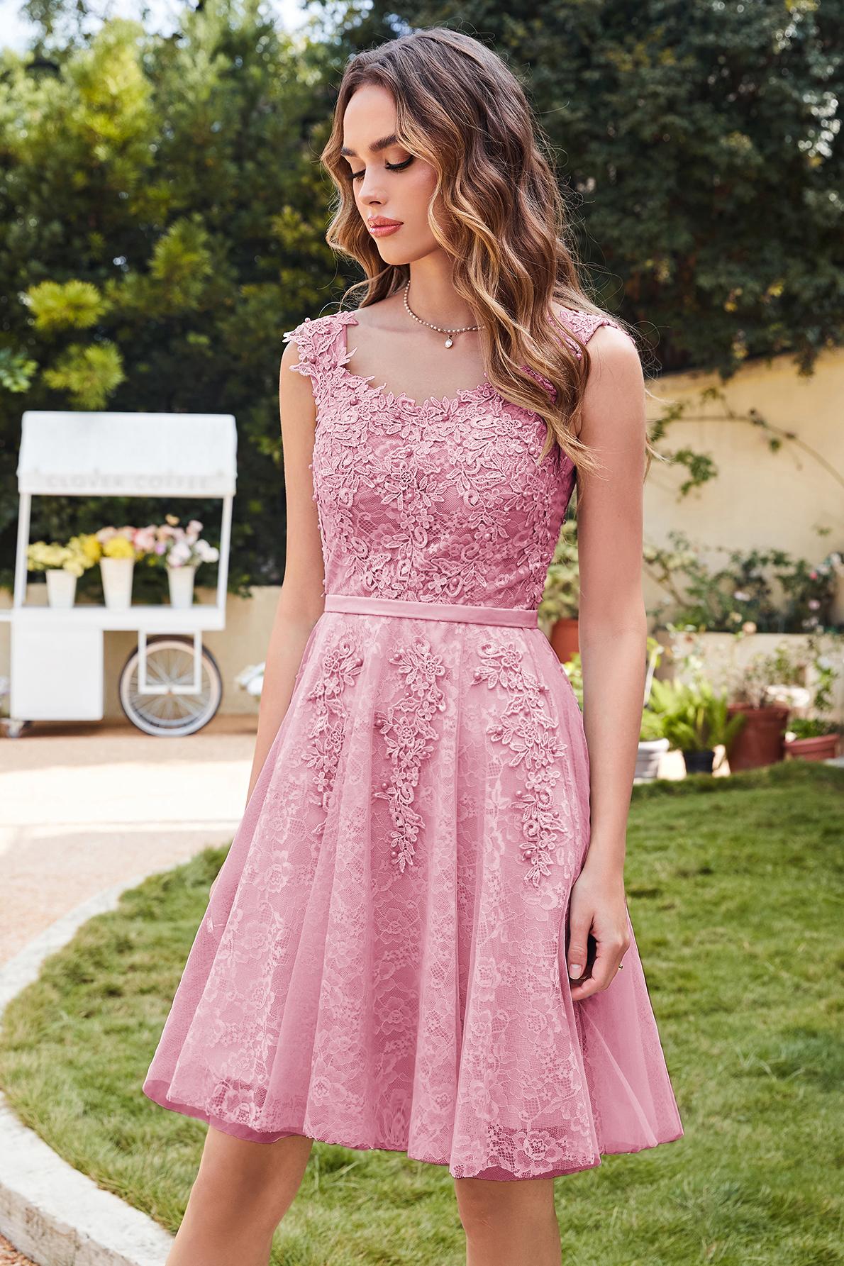 WILMA | Ball Gown Illusion Neckline Tea Length Lace Tulle Dusty Pink Prom Dresses with Beading-newarrivaldress