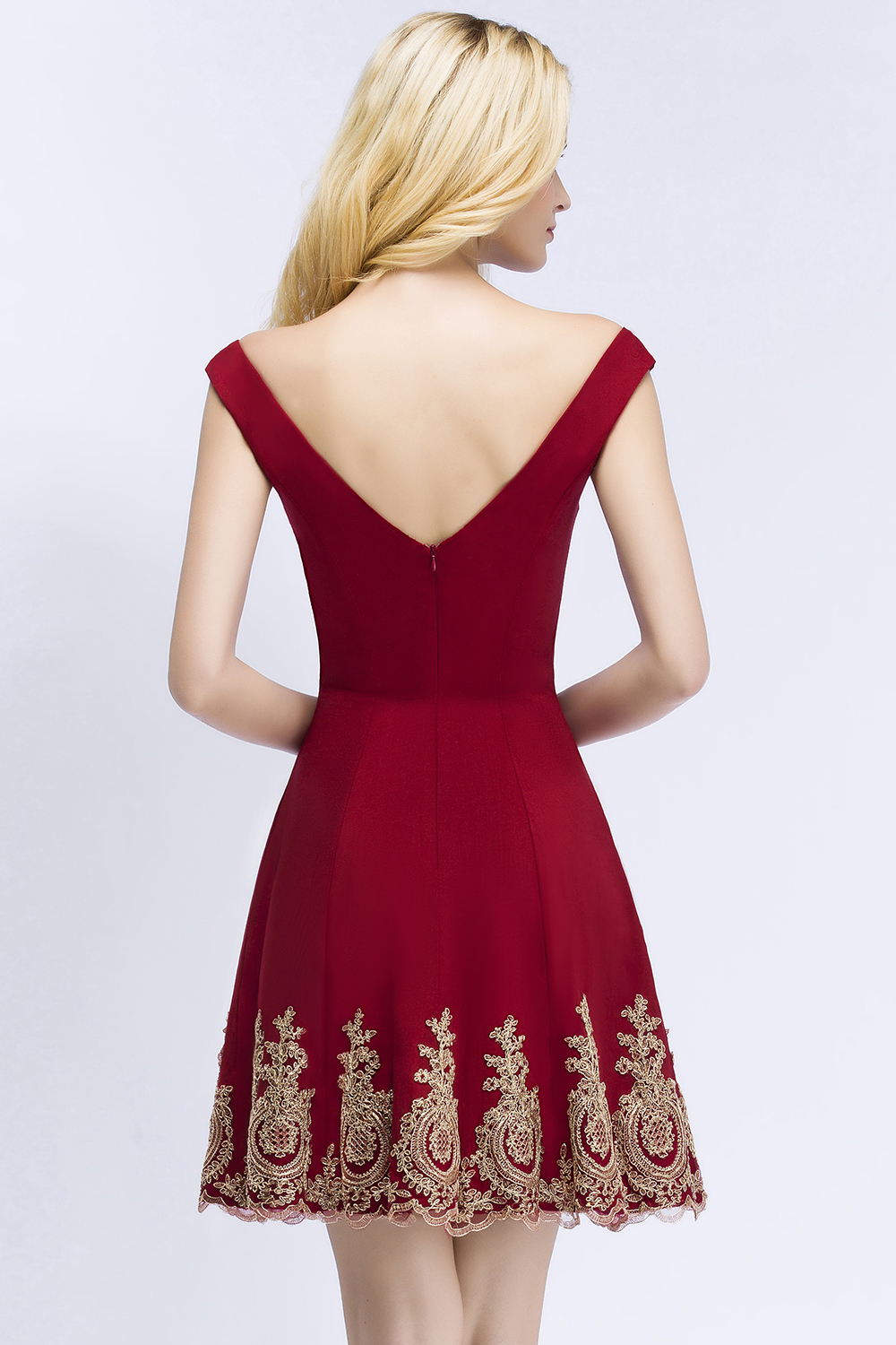 ROSE | A-line V-neck Short Off-shoulder Appliques Burgundy Homecoming Dresses-newarrivaldress