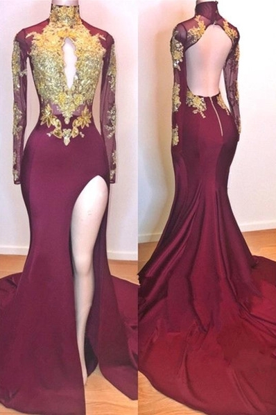Burgundy Gold Appliques Evening Gowns | Long Sleeve Side Slit Open Back Mermaid Long Prom Dresses-newarrivaldress