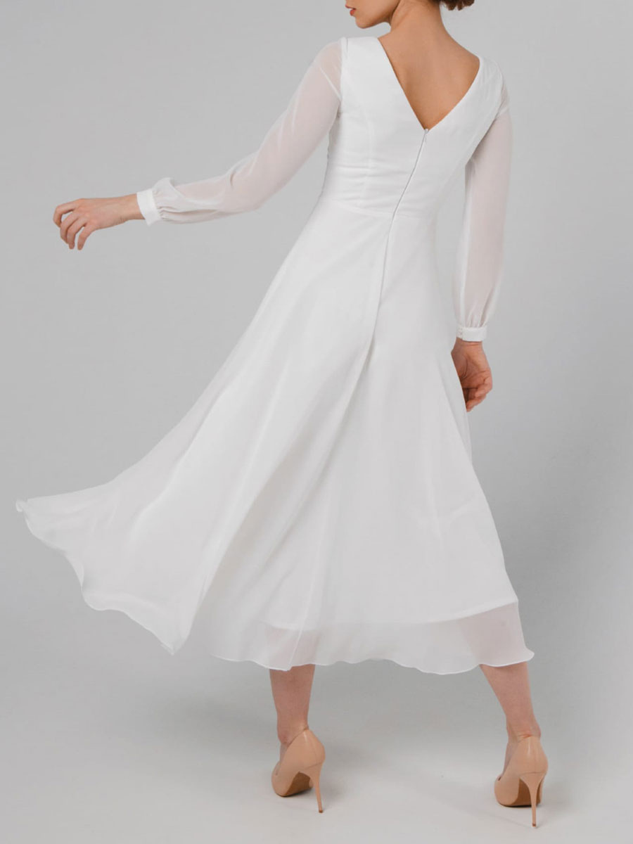 White A-Line Simple Wedding Dress Jewel Neck Long Sleeves Ankle-Length Zipper Chiffon Bridal Gowns-newarrivaldress