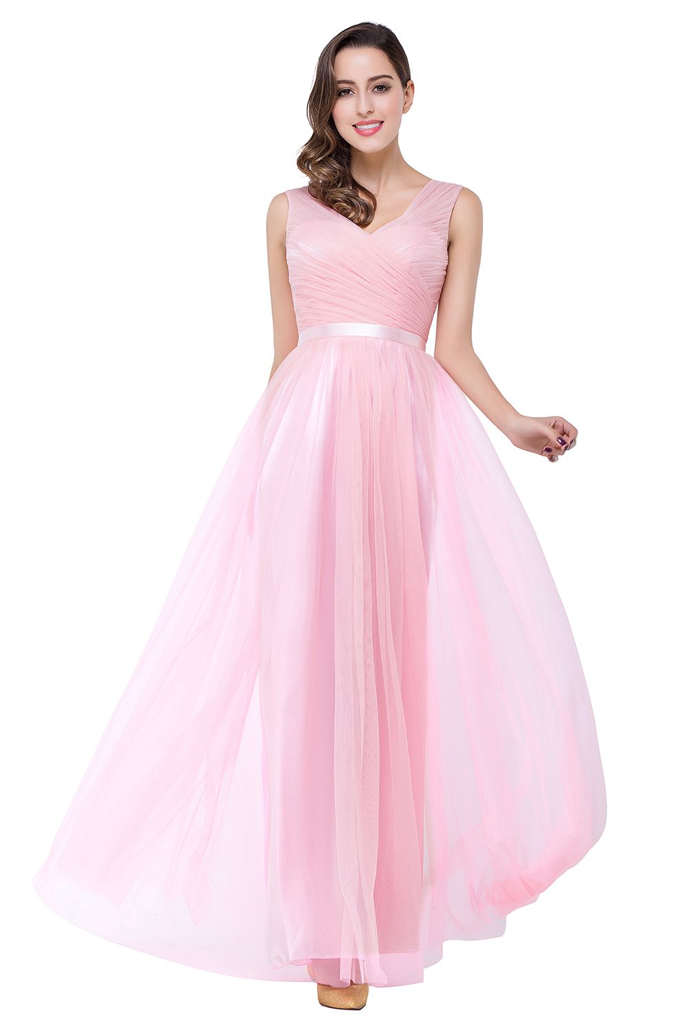 ELLIOT | A-line Sleeveless V-neck Floor-length Tulle Bridesmaid Dresses-newarrivaldress