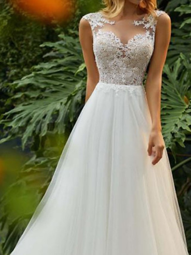 Sleeveless Wedding Dress Floral Lace Aline Tulle Bridal Dress-newarrivaldress