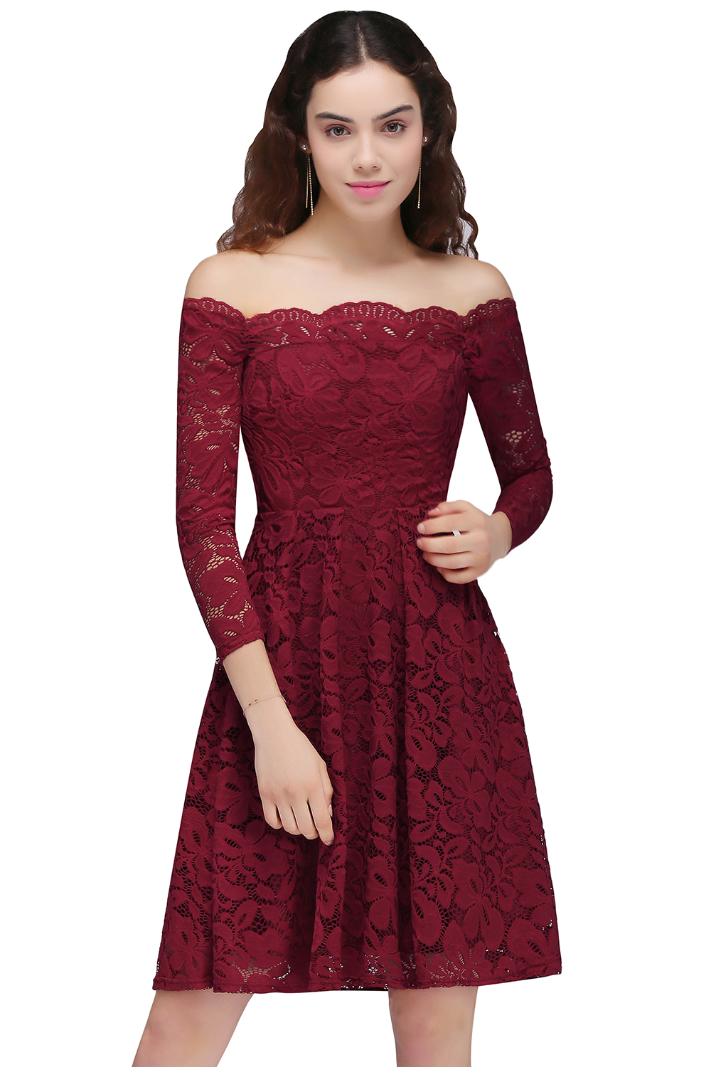 BRINLEY | A-Line Off-the-Shoulder Short Lace Burgundy Homecoming Dresses-newarrivaldress