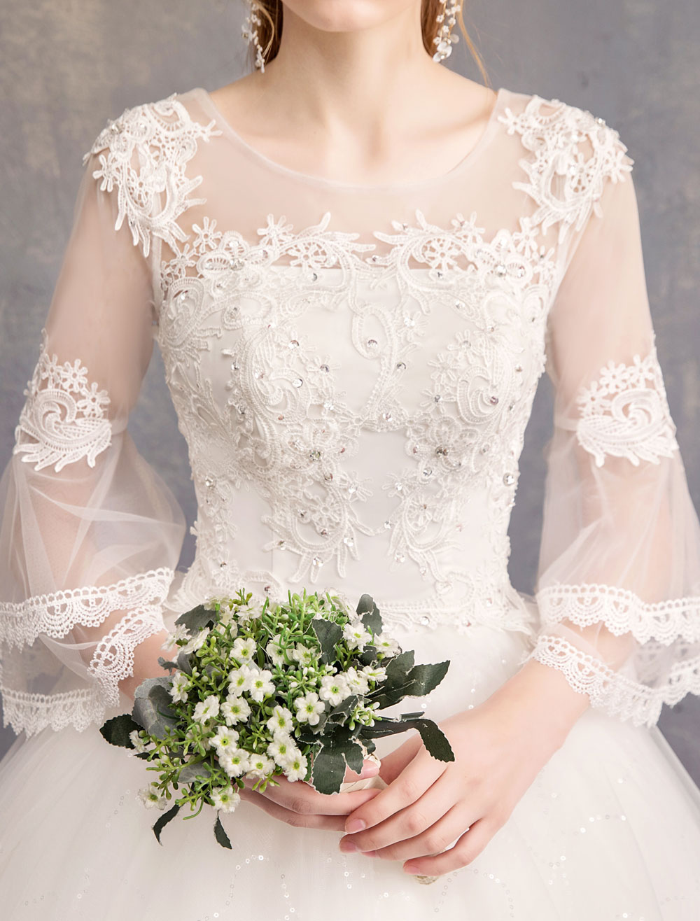 Ball Gown Wedding Dresses Tulle Jewel 3/4 Length Sleeve Floor Length Princess Bridal Gown-newarrivaldress