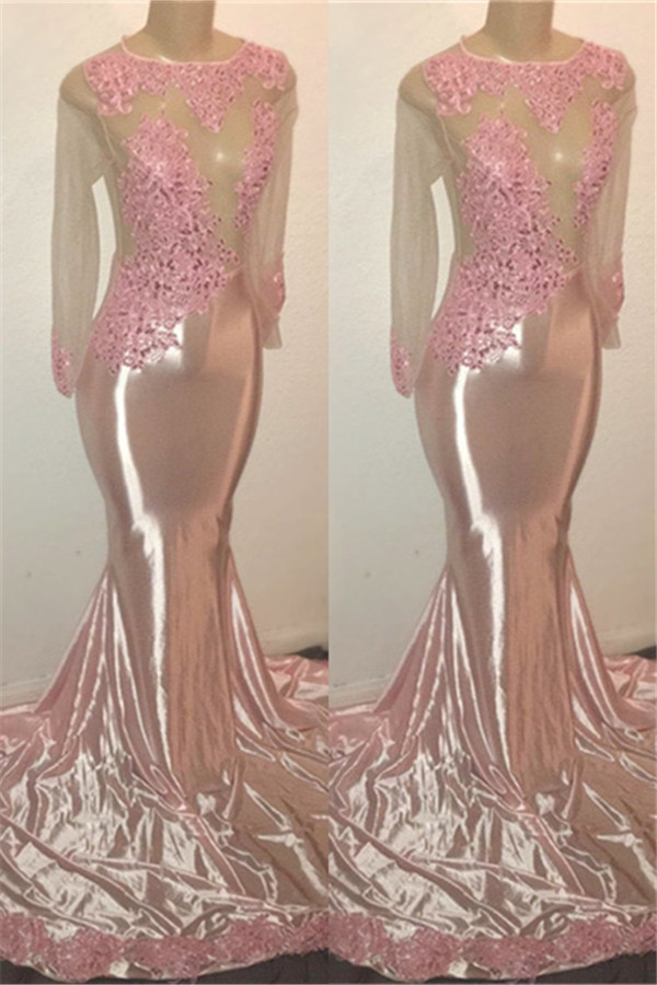 New Arrival Pink Mermaid Long Sleeve Sheer Tulle Appliques Prom Dresses-newarrivaldress