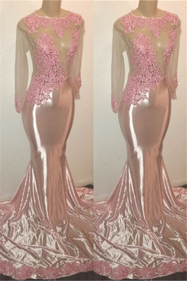 New Arrival Pink Mermaid Long Sleeve Sheer Tulle Appliques Prom Dresses-newarrivaldress