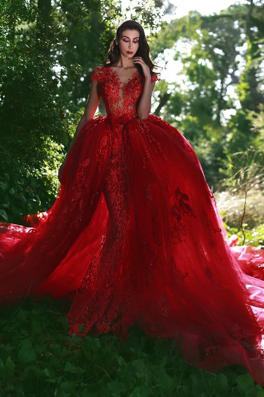 Red Over-Skirt Lace V-Neck Glamorous Applique Prom Dresses BA7655-newarrivaldress