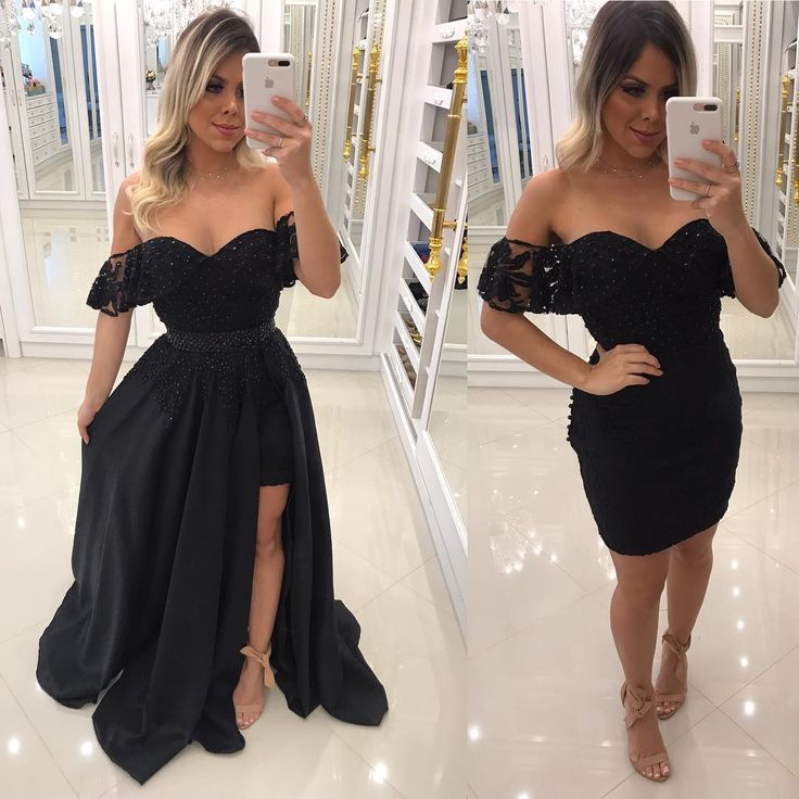 Chic Side-Slit Beaded Black Off-The-Shoulder Prom Dresses-newarrivaldress