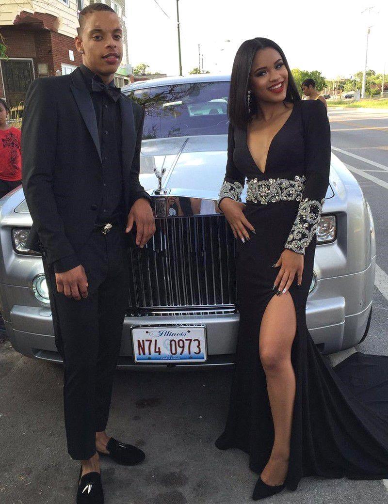 Black V-Neck Crystal Long-Sleeve Sexy Split Prom Dress-newarrivaldress