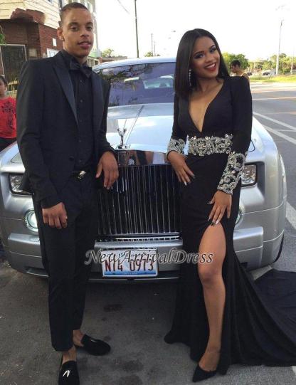 Black V-Neck Crystal Long-Sleeve Sexy Split Prom Dress-newarrivaldress