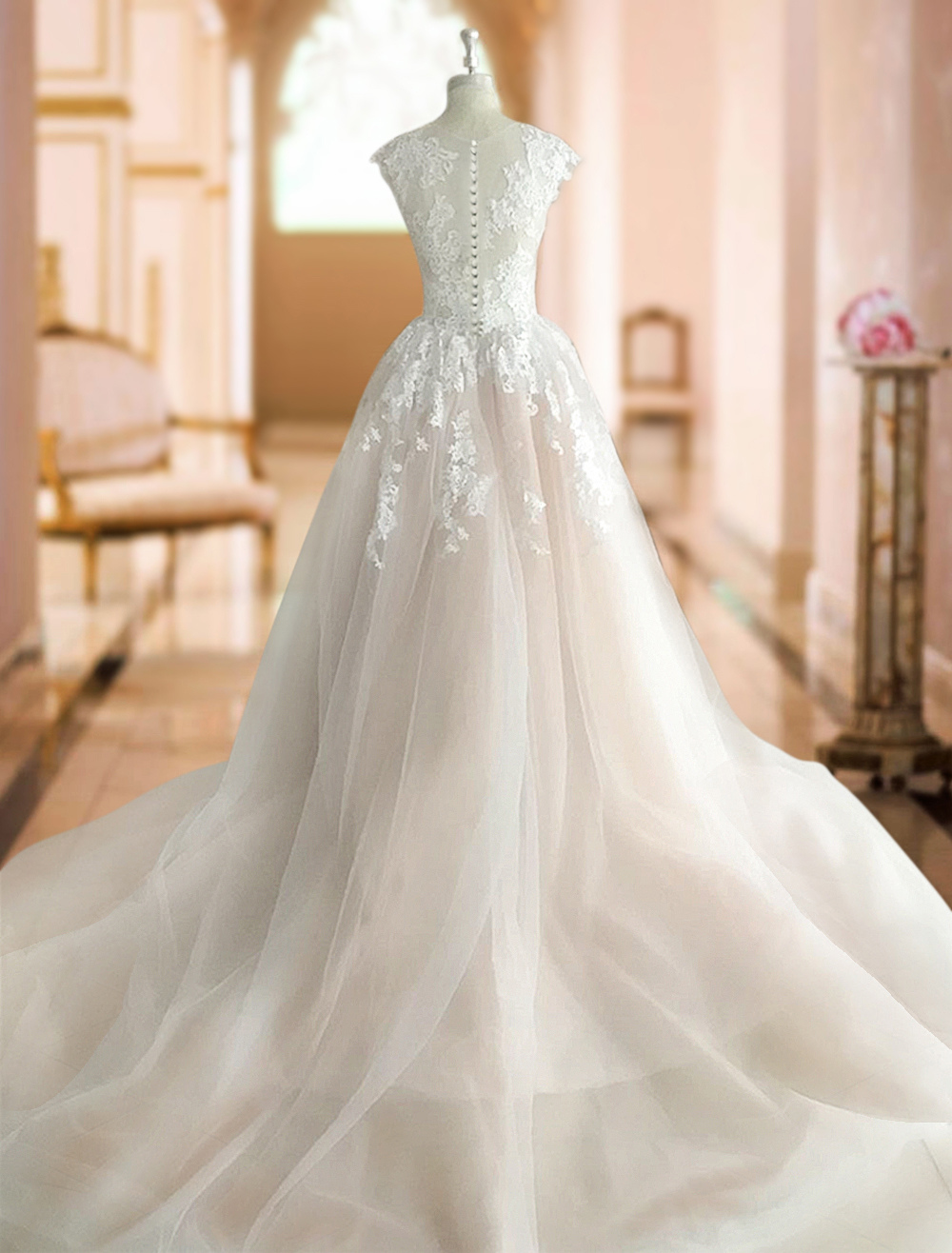 Wedding Dresses 2021 Princess Silhouette Jewel Neck Sleeveless Natural Waist Lace Soft Pink Tulle Bridal Gowns-newarrivaldress