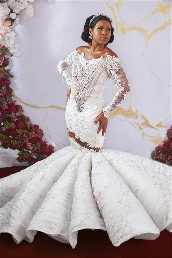 Luxurious Off-the-shoulder Long Sleeves Mermaid Ruffles Appliqued Beading Wedding Dresses-newarrivaldress