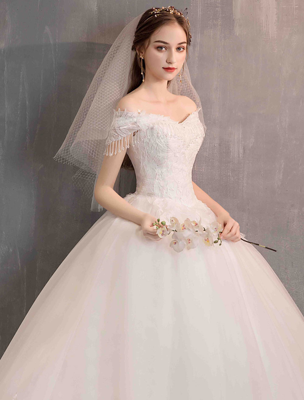 Tulle Wedding Dresses Princess Bridal Gown Off The Shoulder Lace Applique Floor Length Ball Gown Bridal Dress-newarrivaldress