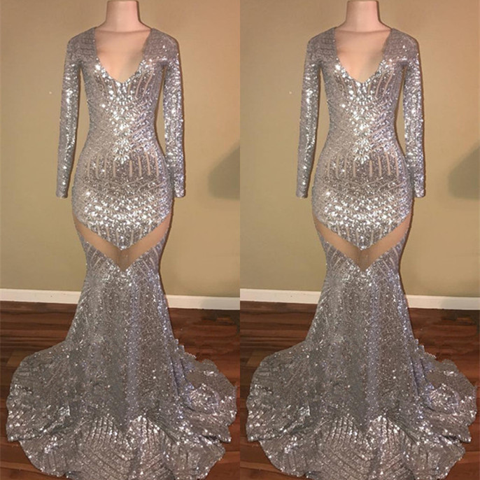 Long Sleeve Sequins Prom Dresses |Mermaid V-Neck Evening Gowns-newarrivaldress
