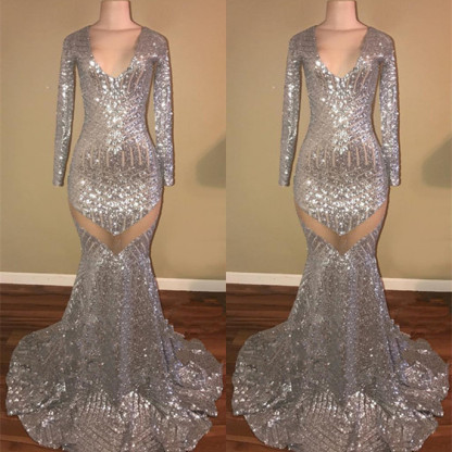 Long Sleeve Sequins Prom Dresses |Mermaid V-Neck Evening Gowns-newarrivaldress