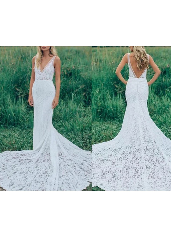 Boho Wedding Dresses Mermaid V Neck Sleeveless Lace Beach Bridal Dress With Train-newarrivaldress