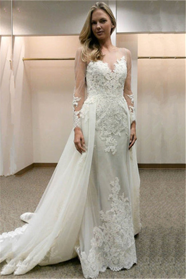 Long Sleeve Tulle Open Back Simple Custom Made Sheath Wedding Dresses