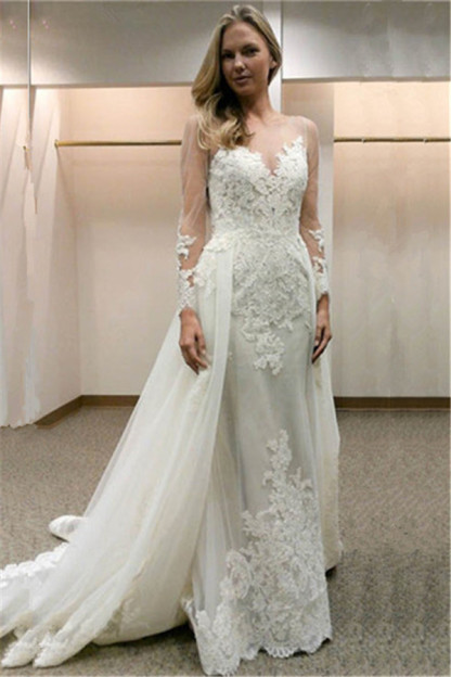 Long Sleeve Tulle Open Back Simple Custom Made Sheath Wedding Dresses