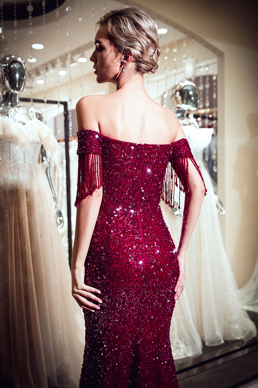 Off-the-shoulder V-neck Mermaid Floor Length Sequins Evening Dresses-newarrivaldress