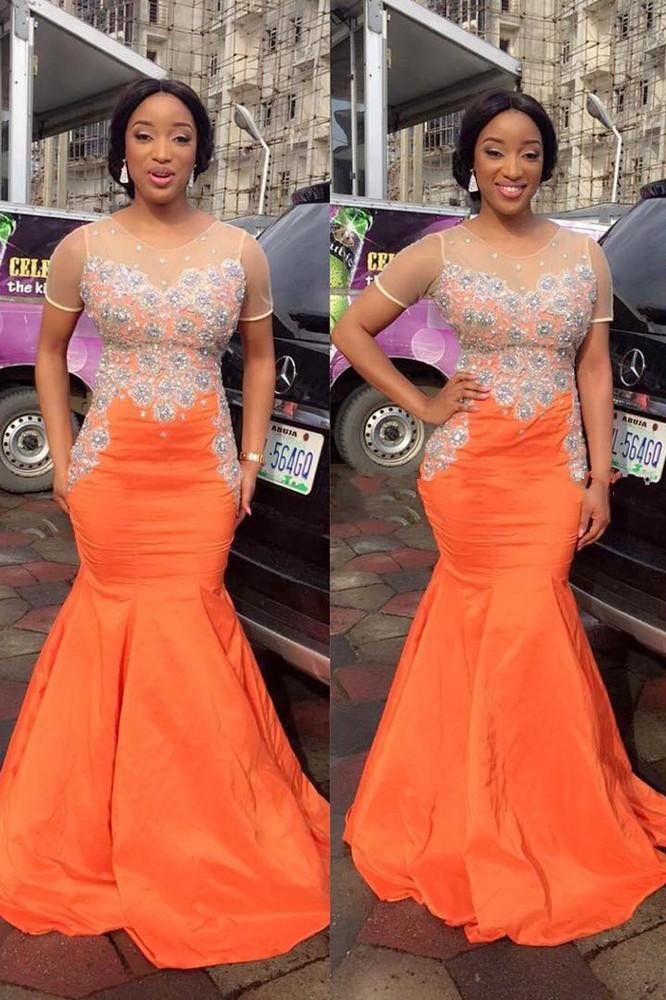 Modern Short Sleeve Mermaid Illusion Beading Prom Dress-newarrivaldress