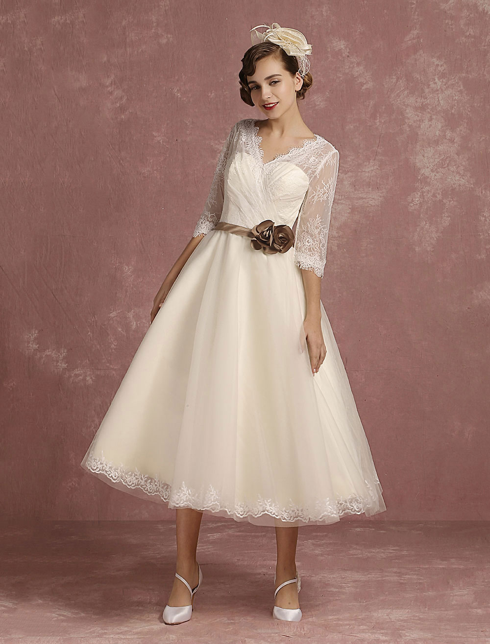 Vintage Wedding Dress Short Lace Tulle Bridal Dress Half Sleeve V Neck Backless A Line Flower Sash Tea Length Bridal Gown Exclusive-newarrivaldress